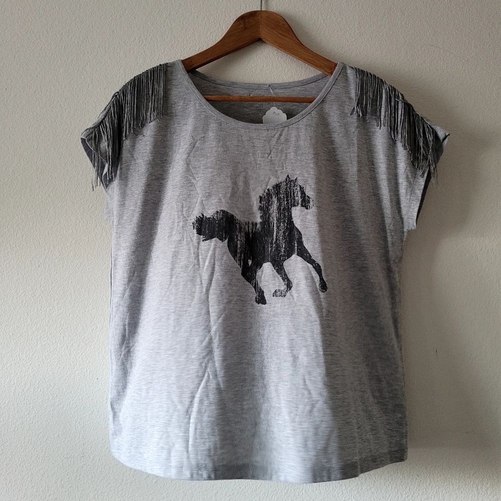 Roper Gray Fringe Horse Tee Size S